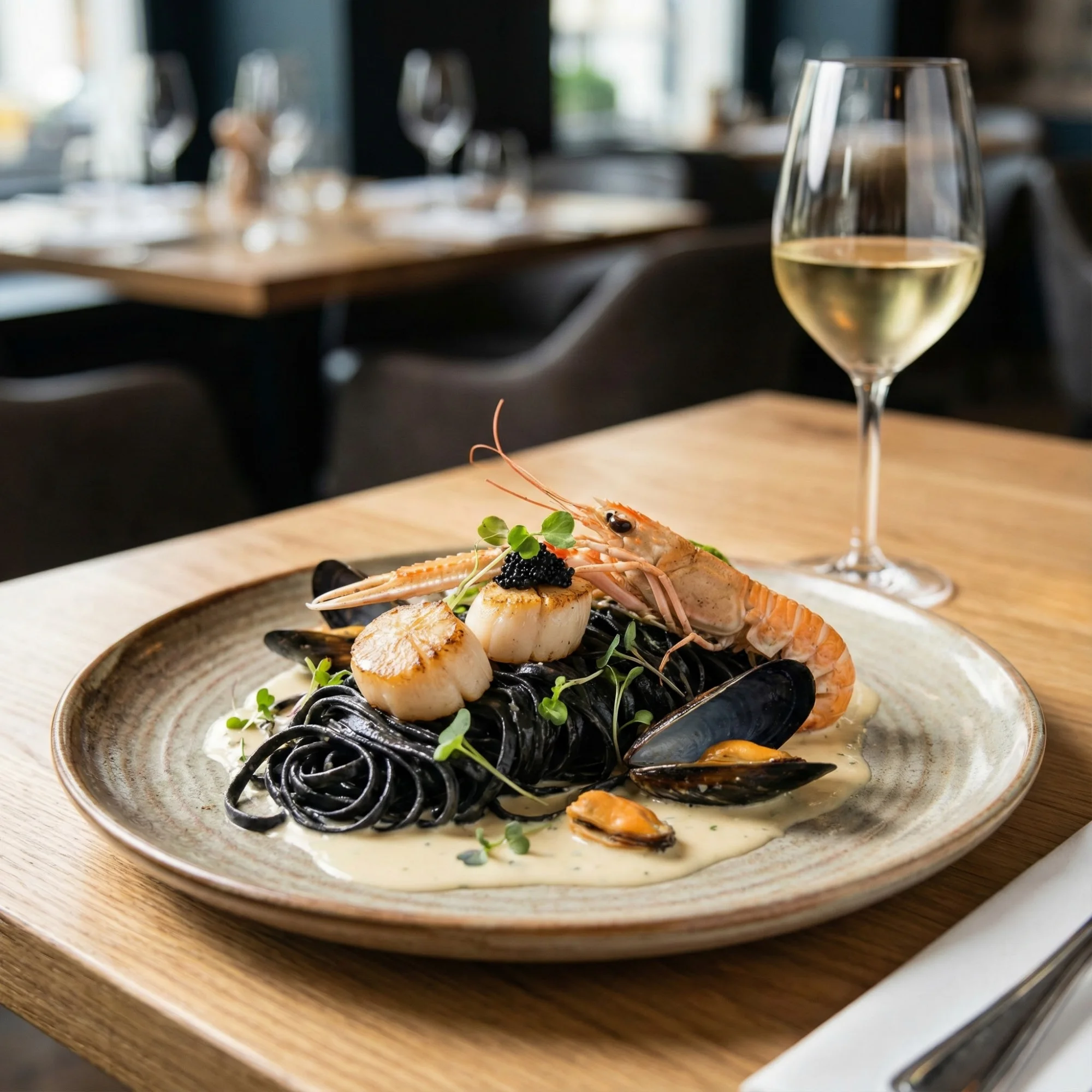 Squid Ink Pasta with Seared Scallops and Langoustines